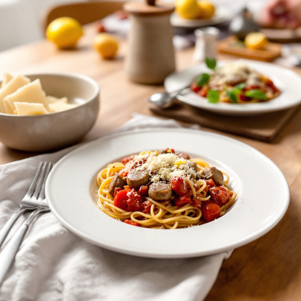 enolike - Spaghetti con Salsiccia, Pomodoro e Formaggio